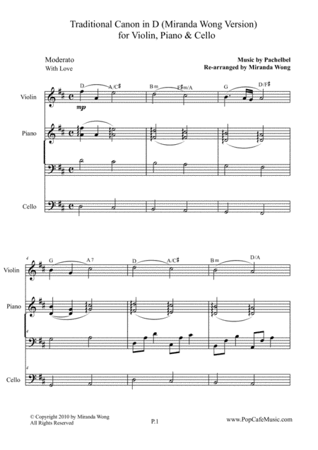 Traditional Canon in D for Violin, Piano & Cello (arr. Miranda Wong)
