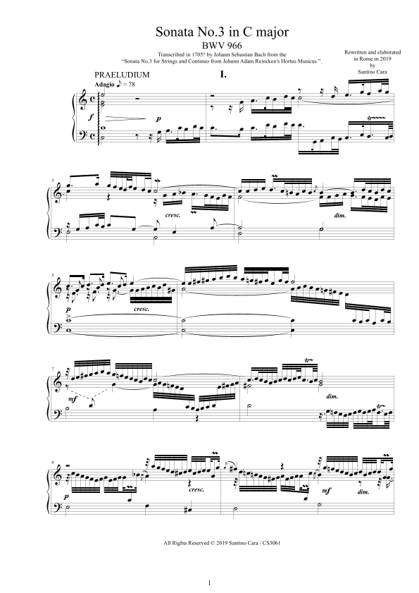 Bach - Sonata No.3 in C major BWV 966 after Reincken for Harpsichord or Piano (arr. Johann Sebastian Bach)
