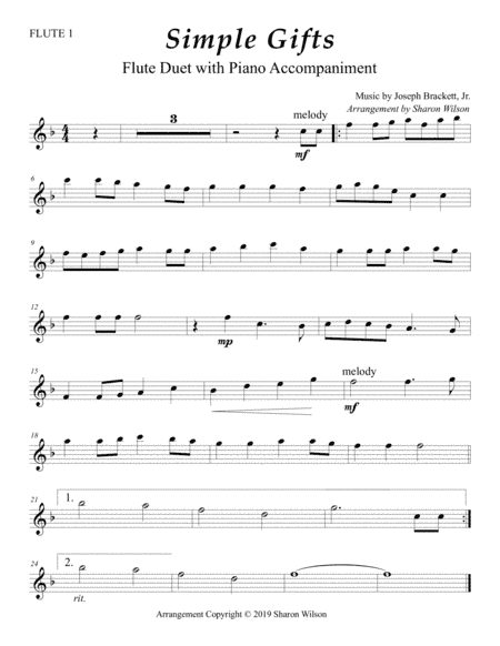 Simple Gifts (Easy Flute Duet with Piano accompaniment) (arr. Sharon Wilson)