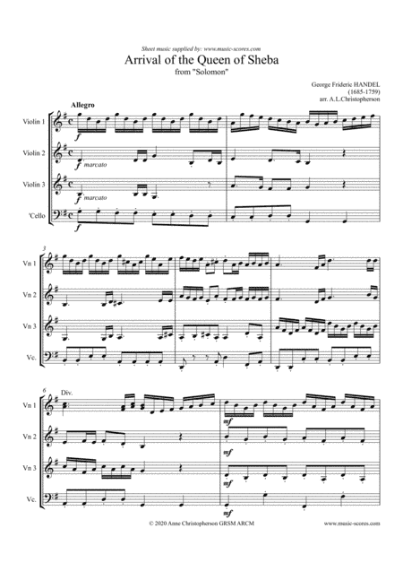 Handel: Arrival of the Queen of Sheba - 3 Violins and Cello - G major (arr. Anne L Christopherson GRSM ARCM)
