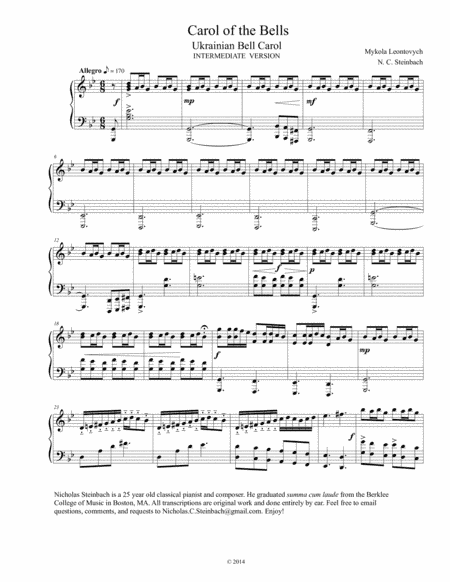 Carol of the Bells - Intermediate Piano (arr. Nicholas C. Steinbach)
