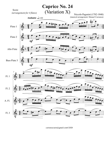 Paganini Caprice 24 Variation X for flute quartet version (arr. Manuel Carranza Cueto)