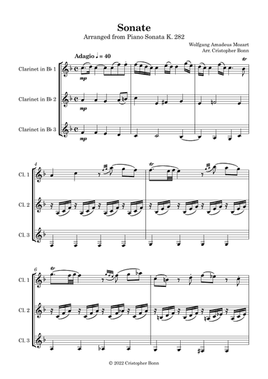 Sonata No. 4 in E flat, K. 282 - I. Adagio, for clarinet trio (arr. Cristopher Bonn)