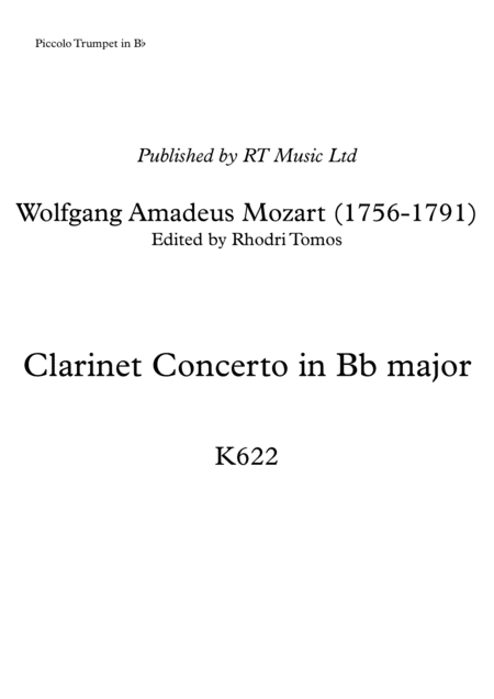 Mozart K622 - Clarinet Concerto in Bb - solo parts trumpet, cornet & clarinet (arr. Rhodri Tomos)