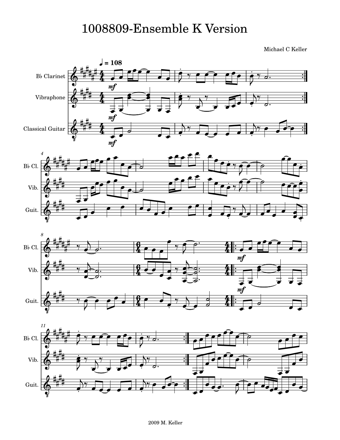 1008809 (Version For Clarinet, Vibraphone, And Guitar) - Score Only