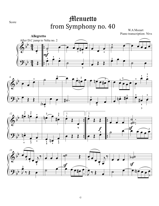 Mozart Menuetto - Symphony no. 40 -  III movement (arr. Nivs)