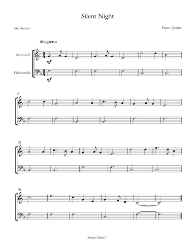 Silent Night carol for beginners sheet music for Horn and Cello (arr. Arezzo Music)