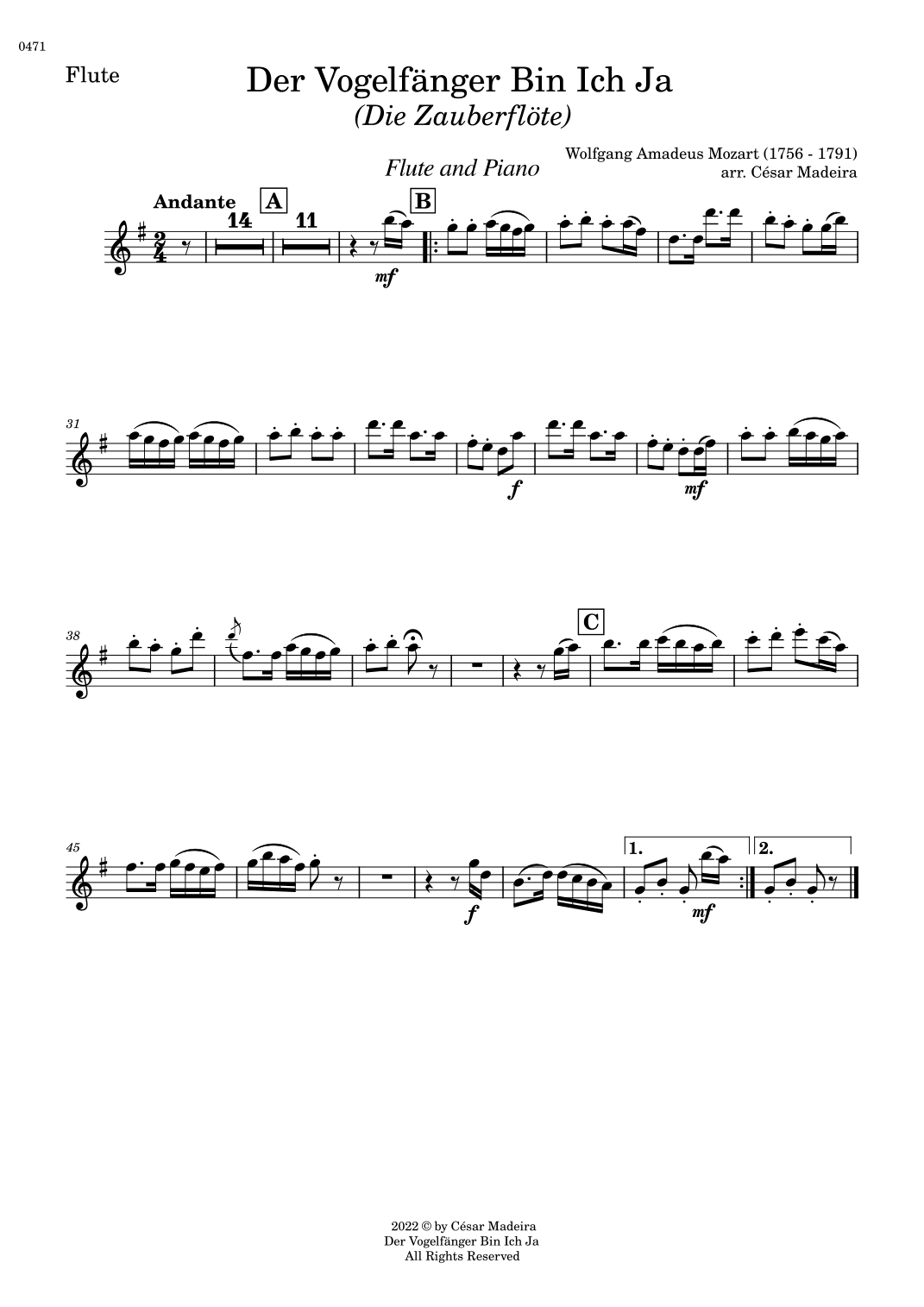 Der Vogelfänger Bin Ich Ja - Flute and Piano (Individual Parts) (arr. César Madeira)