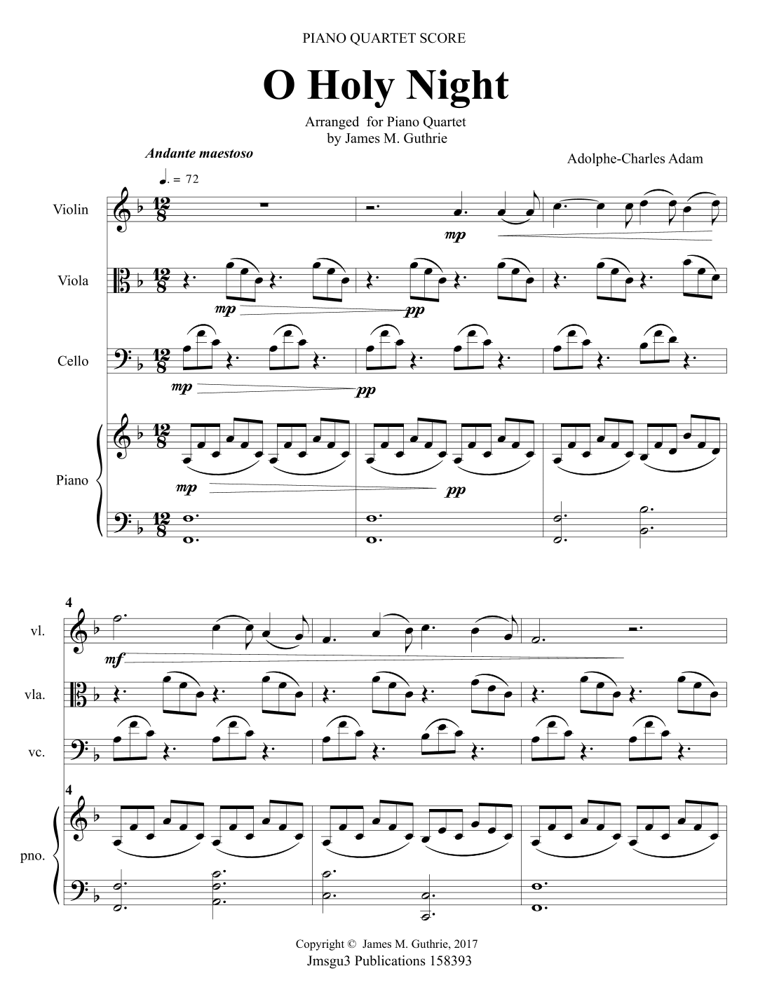 O Holy Night for Piano Quartet (arr. James M. Guthrie, ASCAP)