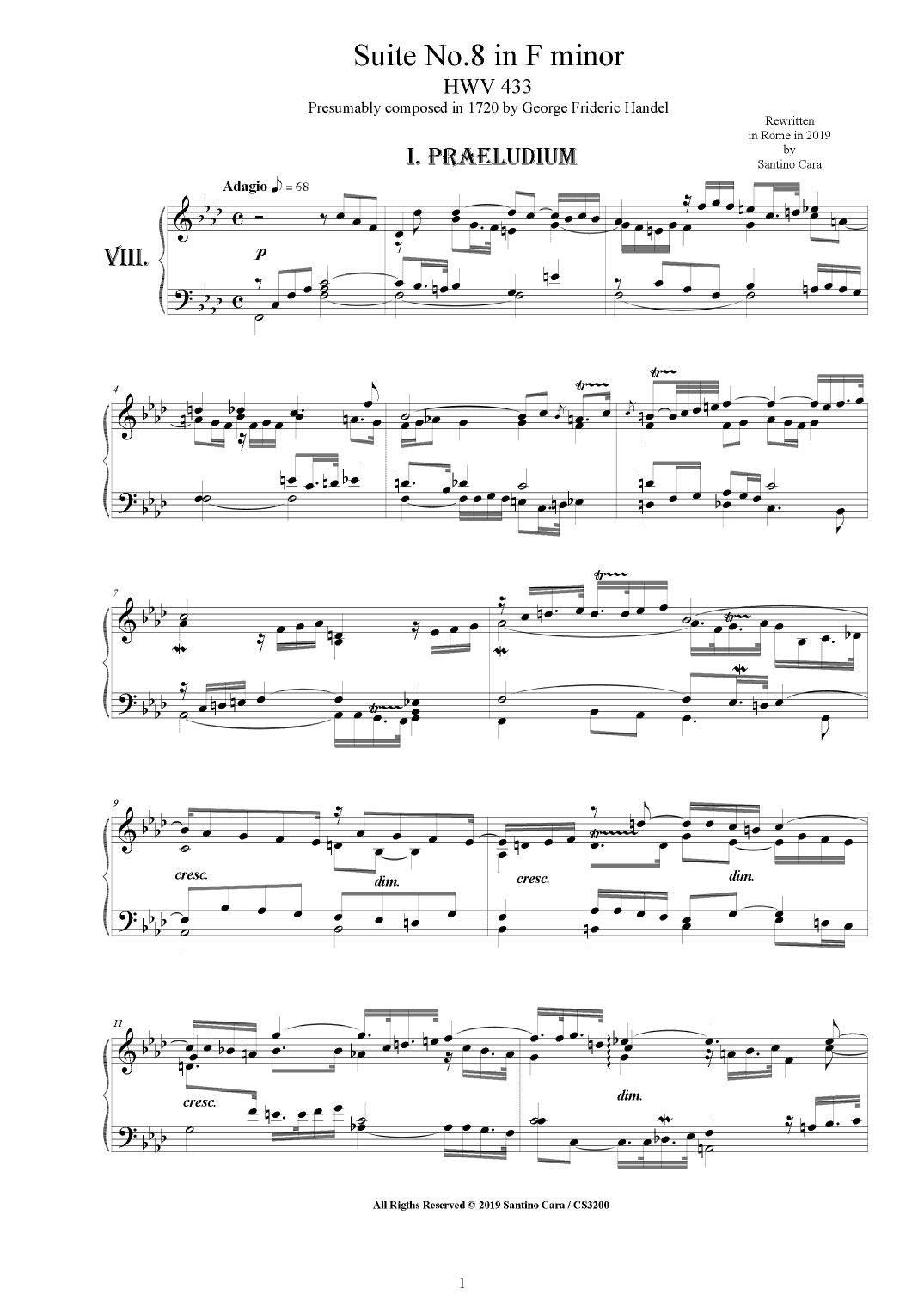 Handel - Piano Suite No.8 in F minor HWV 433 (arr. Santino Cara)