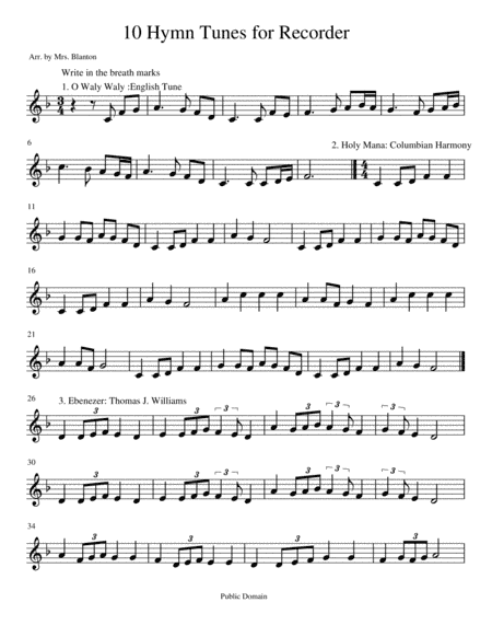 10 Hymn Tunes for Recorder (arr. Mrs. Blanton)