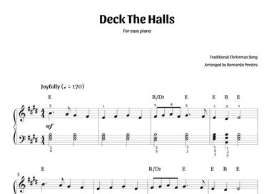 Deck The Halls (easy piano in E major – with chords) (arr. Bernardo Pereira)