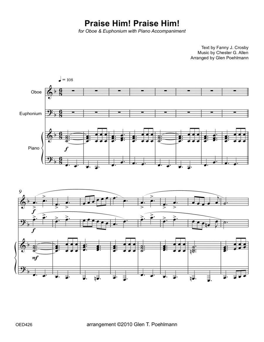 PRAISE HIM! PRAISE HIM! - OBOE & EUPHONIUM (Trombone) with Piano Accompaniment (arr. Glen Poehlmann)