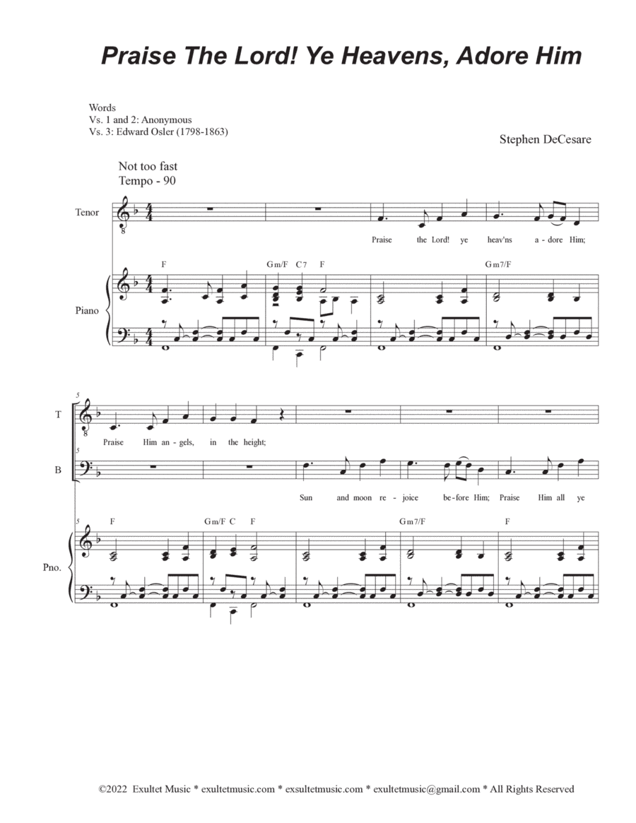 Praise The Lord! Ye Heavens, Adore Him (Duet for Tenor and Bass solo)