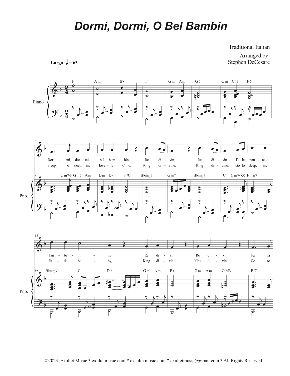 Dormi, Dormi, O Bel Bambin (Unison choir - High Key) (arr. Stephen DeCesare)