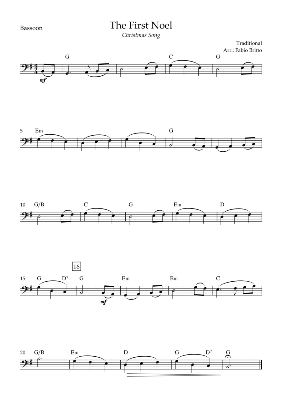 The First Noel (Christmas Song) for Bassoon Solo with Chords (arr. Fabio Britto)