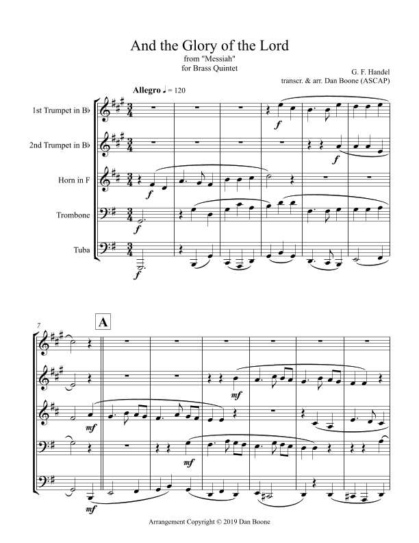And the Glory of the Lord (excerpt) for Brass Quintet (in G Major) (arr. Dan Boone (ASCAP))