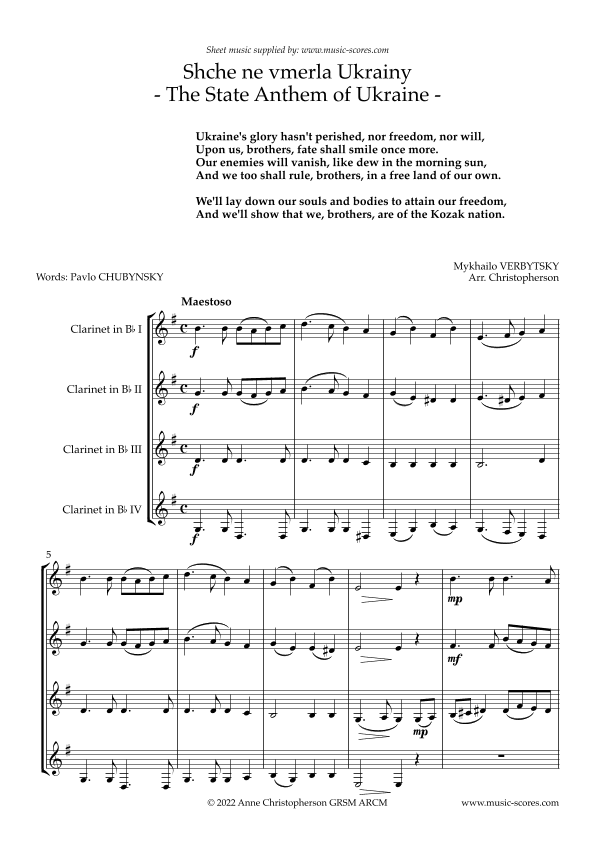 Shche ne verla Ukrainy: The State Anthem of Ukraine - 4 Bb Clarinets (arr. Anne L Christopherson GRSM ARCM)