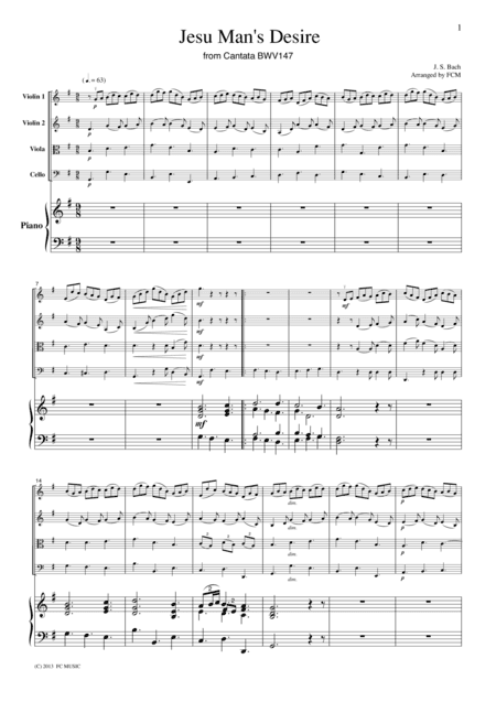 J.S.Bach Jesu, Joy of Man's Desire from Cantata BWV147, for Piano Quintet, PB901 (arr. FC MUSIC)