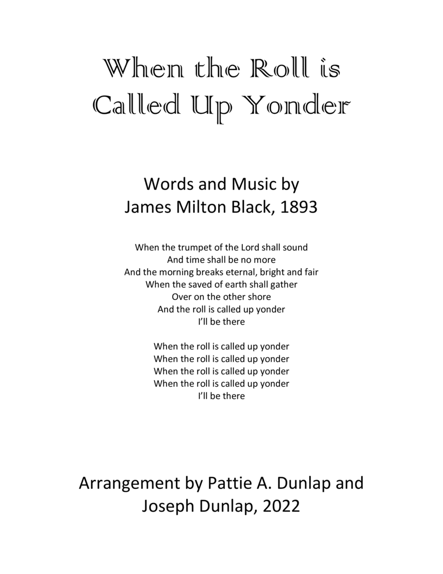 When the Roll is Called Up Yonder-P/V/G/Synth (arr. Pattie A. Dunlap and Joseph Dunlap)