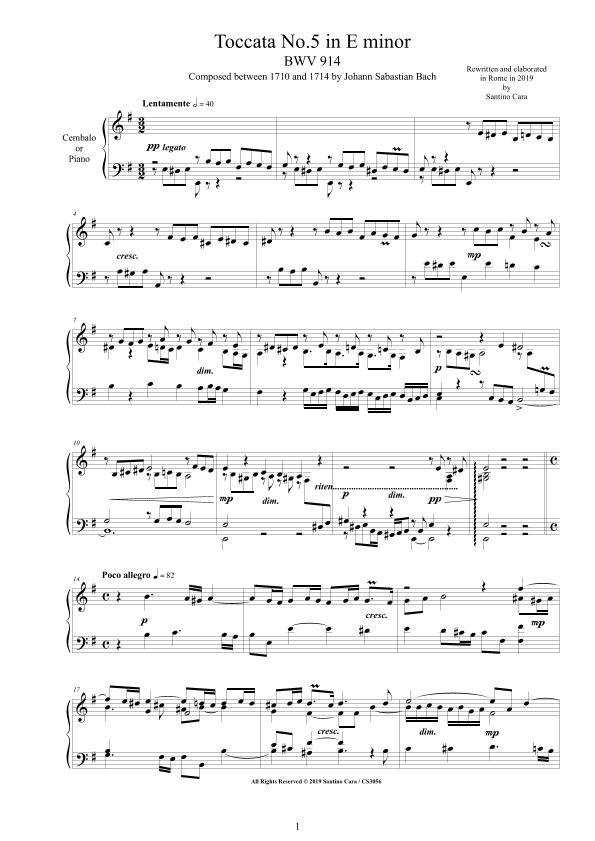 Bach - Toccata No.5 in E minor BWV 914 for Harpsichord or Piano - Complete score (arr. Santino Cara)
