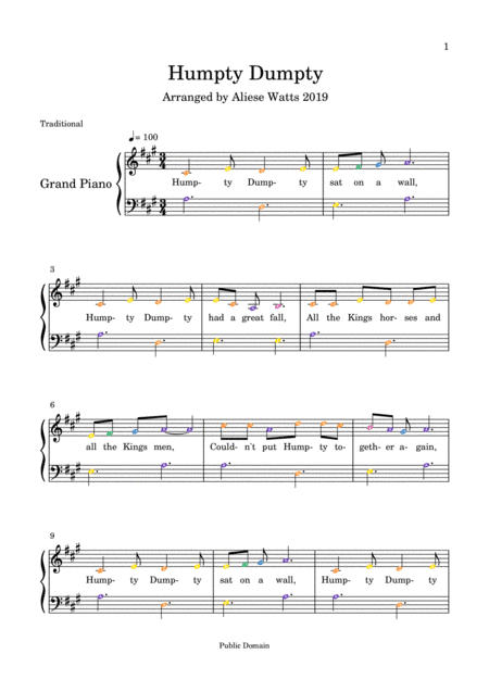 Humpty Dumpty (Colour Coded Notation) (arr. Aliese Watts)