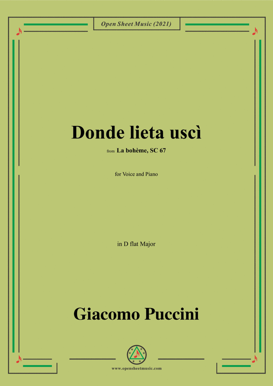 Puccini-Donde lieta uscì,in D flat Major,from 'La bohème,SC 67',for Voice and Piano (arr. Open Cloud)