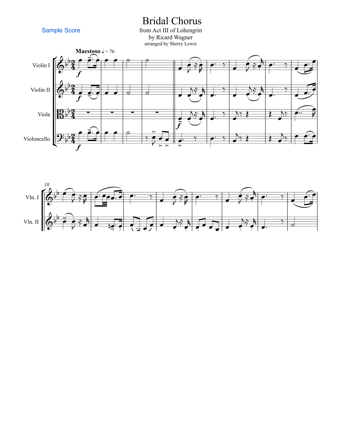 BRIDAL CHORUS String Quartet, Intermediate Level for 2 violins, viola and cello (arr. Sherry Lewis)