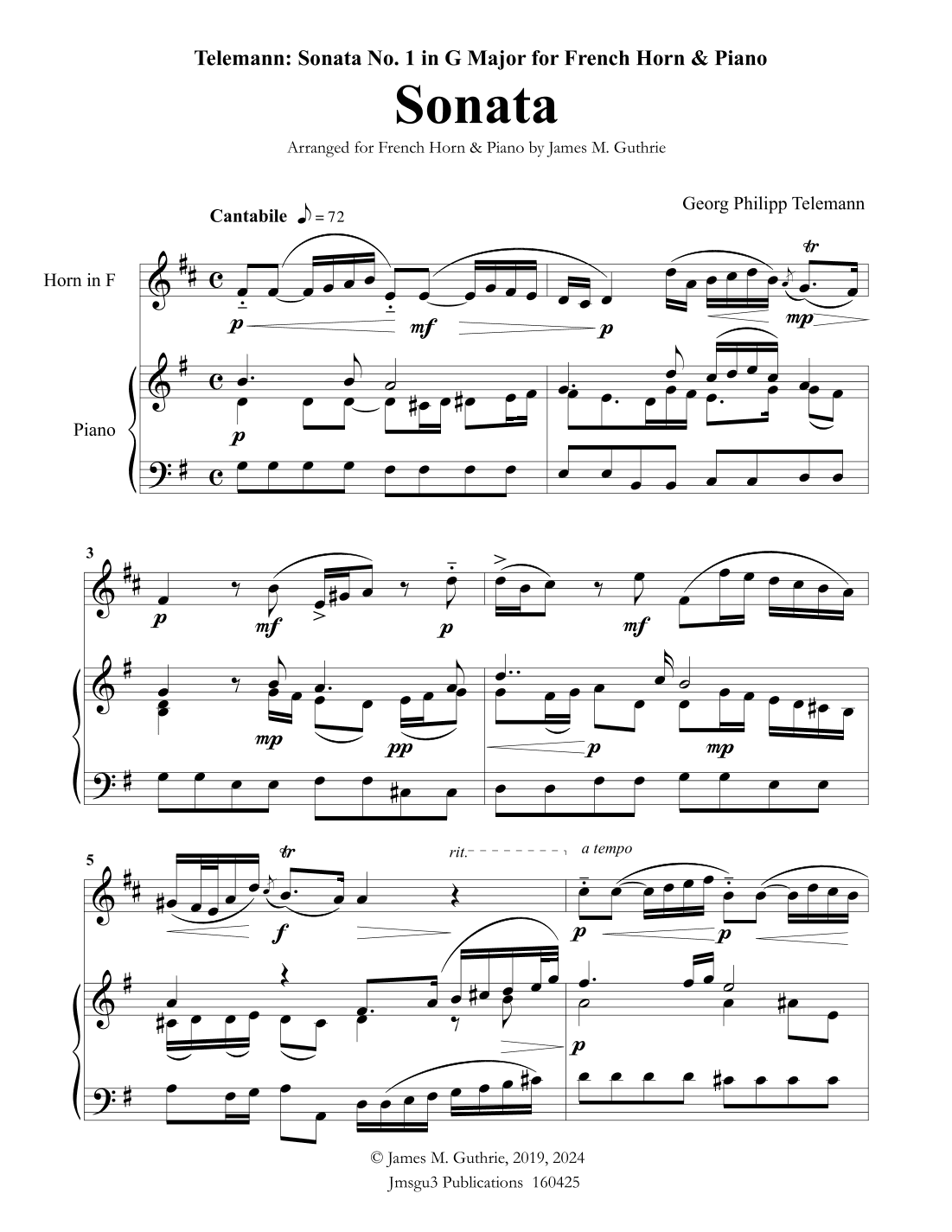 Telemann: Sonata in G Major for French Horn & Piano (arr. James M. Guthrie, ASCAP)