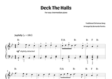 Deck The Halls (easy-intermediate piano – B? major) (arr. Bernardo Pereira)
