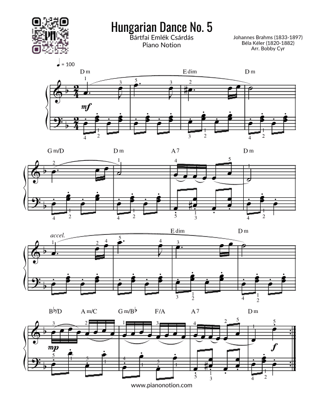 Hungarian Dance No. 5 - Bártfai Emlék Csárdás (Easy Piano) (arr. Bobby Cyr)