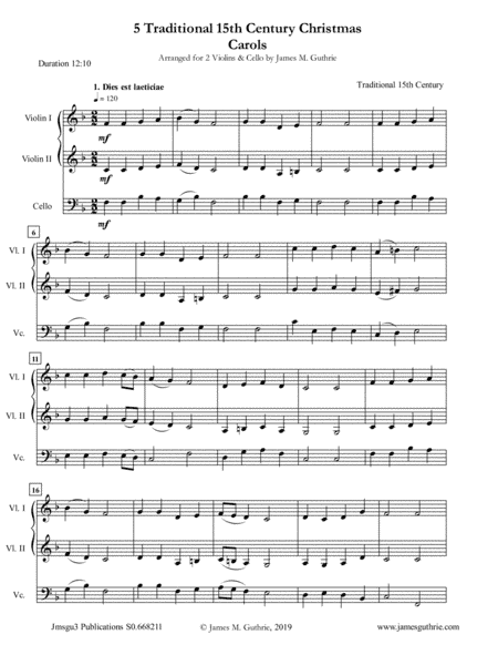 5 Traditional 15th Century Christmas Carols for Violin Duo & Cello (arr. James M. Guthrie, ASCAP)