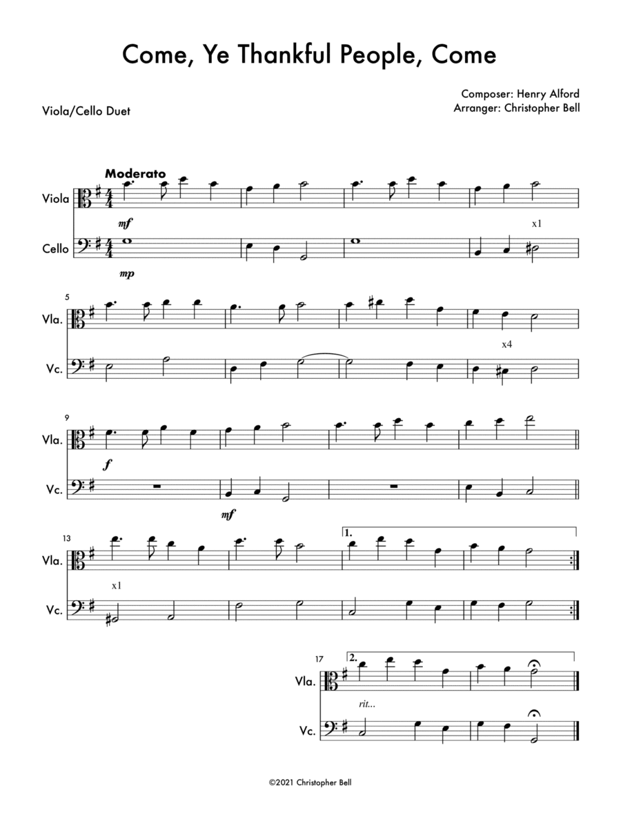 Come, Ye Thankful People, Come - Viola/Cello Duet (arr. Christopher Bell)