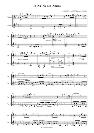 El Dia Que Me Quieras for violin duet (arr. Adrian Varela)