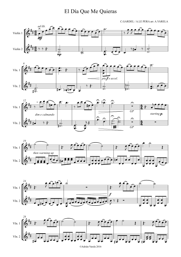 El Dia Que Me Quieras for violin duet (arr. Adrian Varela)