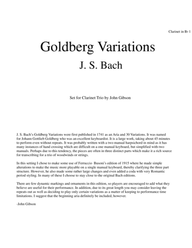 J. S. Bach Goldberg Variations set for Clarinet Trio - PARTS (arr. John Gibson)