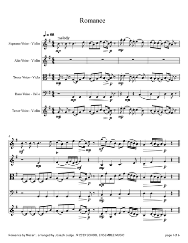 Romance by Mozart for String Quartet in Schools (arr. Joseph Judge)