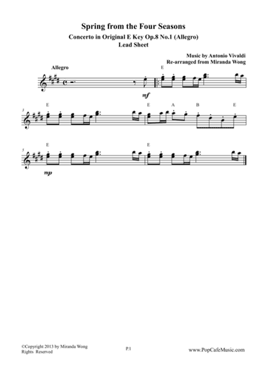 Spring from Four Seasons by Vivaldi - Original E Key (Lead Sheet) (arr. Miranda Wong)
