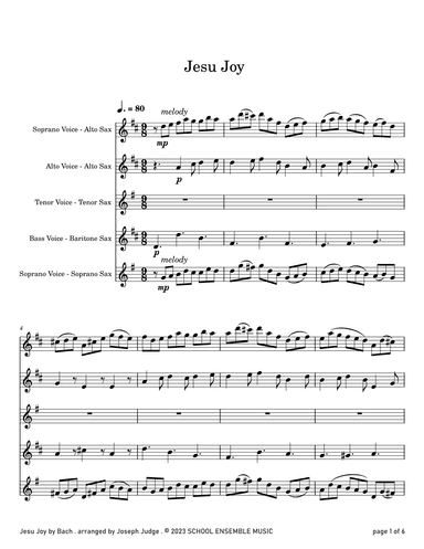 Jesu Joy by Bach for Saxophone Quartet in Schools (arr. Joseph Judge)