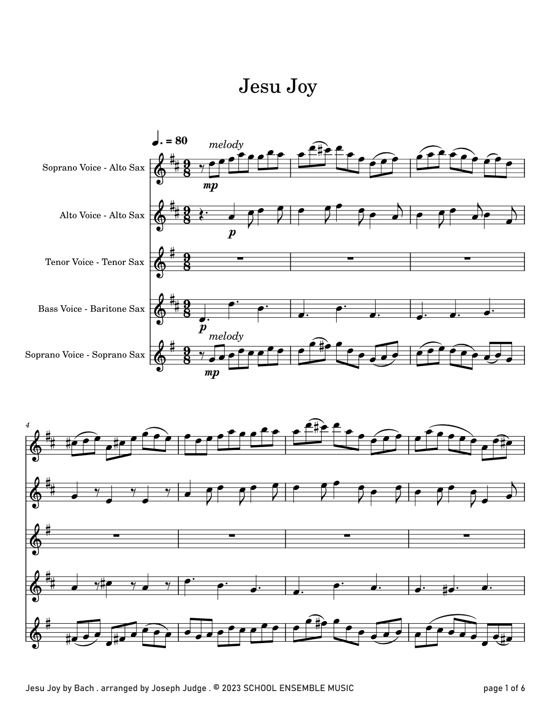 Jesu Joy by Bach for Saxophone Quartet in Schools (arr. Joseph Judge)