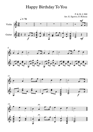 Happy Birthday To You, Patty & Mildred J. Hill, For Violin & Guitar