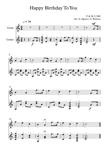 Happy Birthday To You, Patty & Mildred J. Hill, For Violin & Guitar