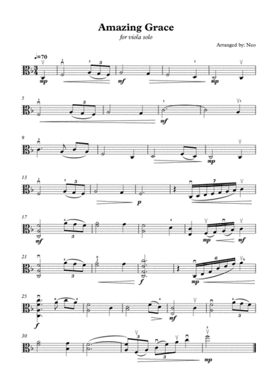 Amazing Grace ( for Viola Solo , unaccompaniment ) ( Intermediate Level ) (arr. Neo)