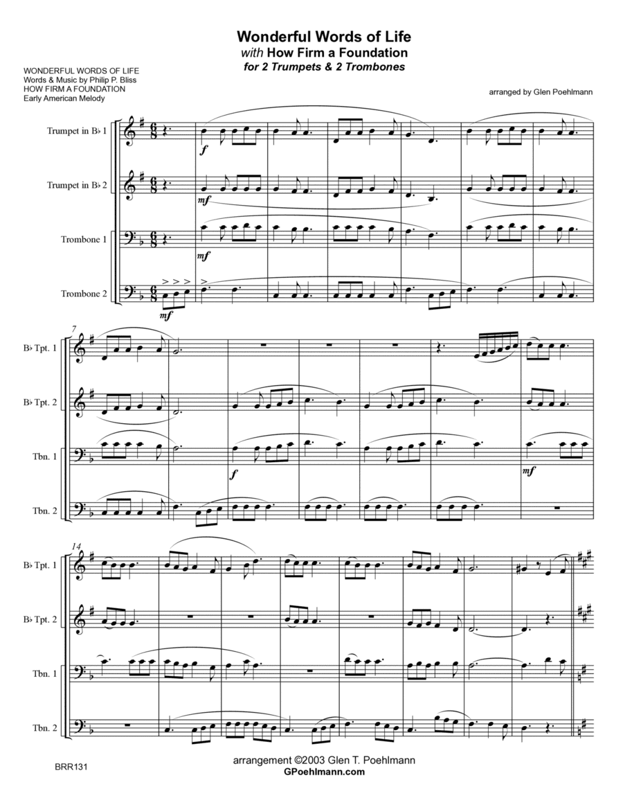 WONDERFUL WORDS OF LIFE (w/How Firm a Foundation) - BRASS QUARTET (unaccompanied) (arr. Glen Poehlmann)