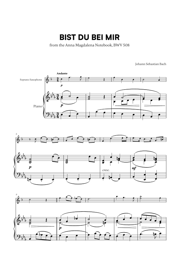 Bist du bei Mir (BWV 508) (for Soprano Saxophone and Piano) (arr. Cadenza Editions)