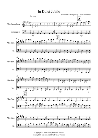 In Dulci Jubilo for Alto Saxophone and Cello Duet (arr. David Burndrett)