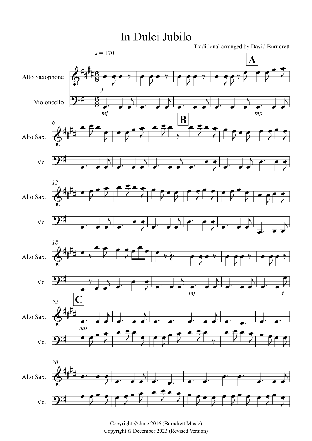 In Dulci Jubilo for Alto Saxophone and Cello Duet (arr. David Burndrett)
