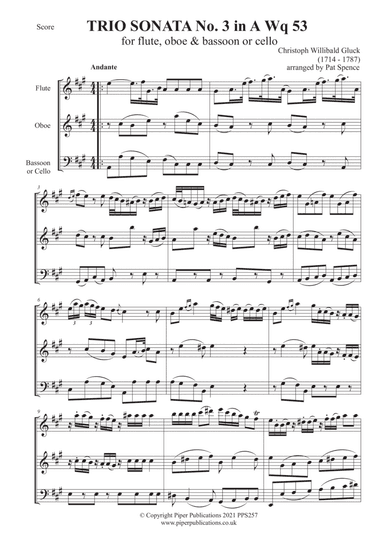 GLUCK TRIO SONATA No. 3 in A Wq 53 for flute, oboe & bassoon or cello (arr. arranged by Pat Spence)