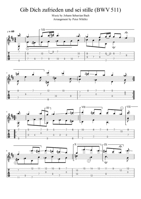 Gib Dich Zufrieden Und Sei Stille (BWV 511) in Standard Notation and TAB (arr. Peter Miklitz)