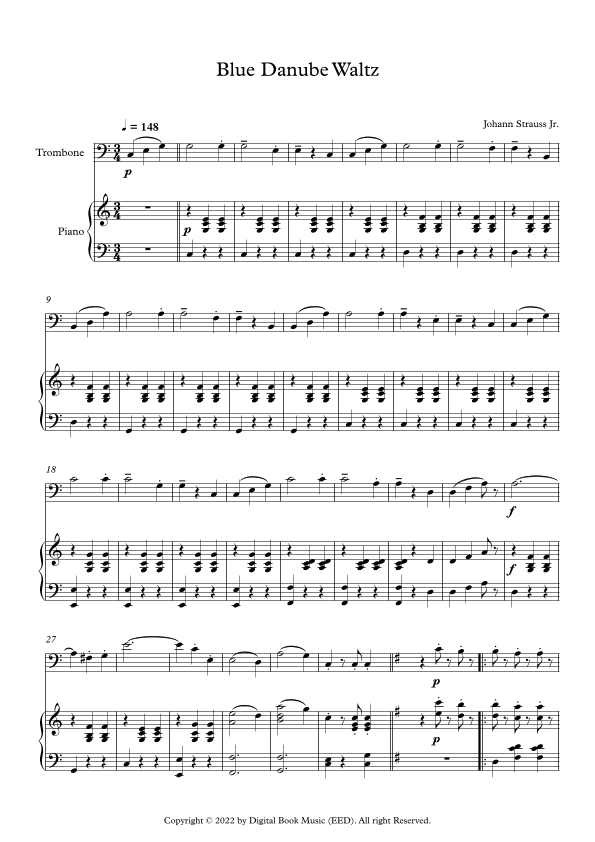 Blue Danube Waltz - Johann Strauss Jr. (Trombone + Piano) (arr. Digital Book Music)